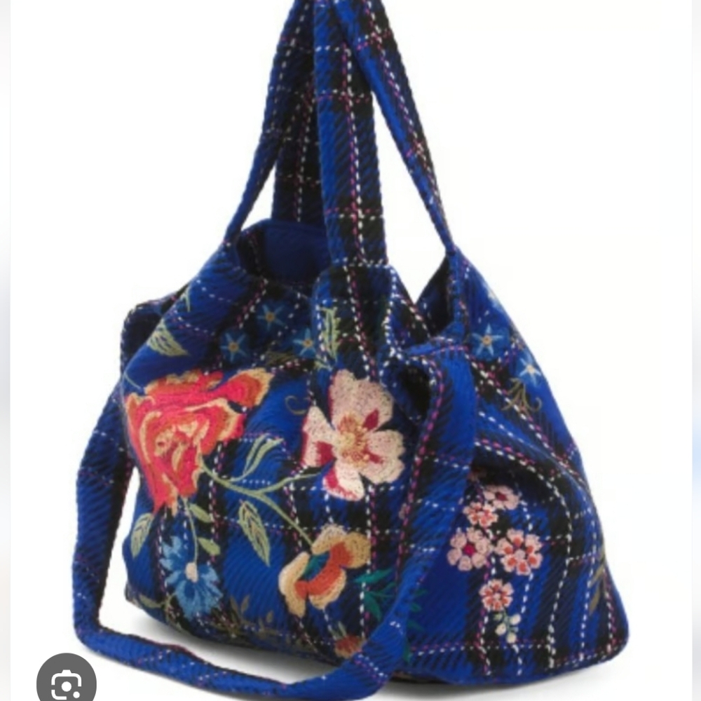 JOHNNY WAS Mila Oversized Floral Embroidered Hobo Plaid Blue Navy Red Tote NWT - Picture 5 of 12